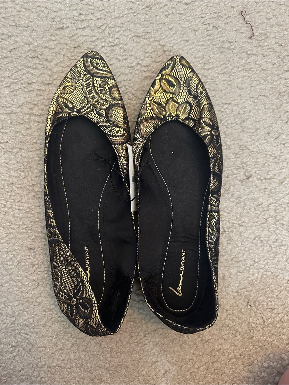 Lane Bryant Black and Gold Lace-Pattern Pointed Toe Flats
